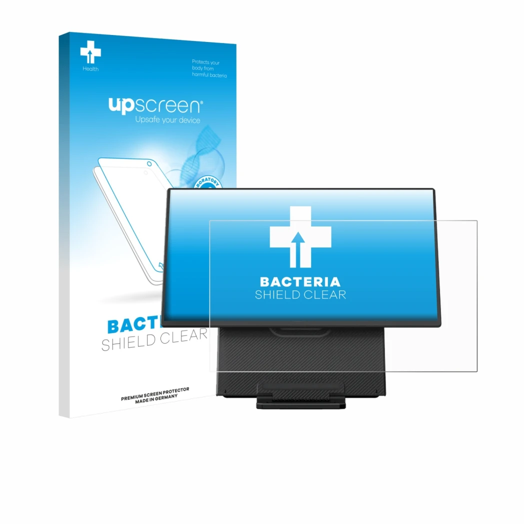 Parte frontale di una confezione del prodotto con il logo del marchio upscreen. Accanto è raffigurato il dispositivo Blackview