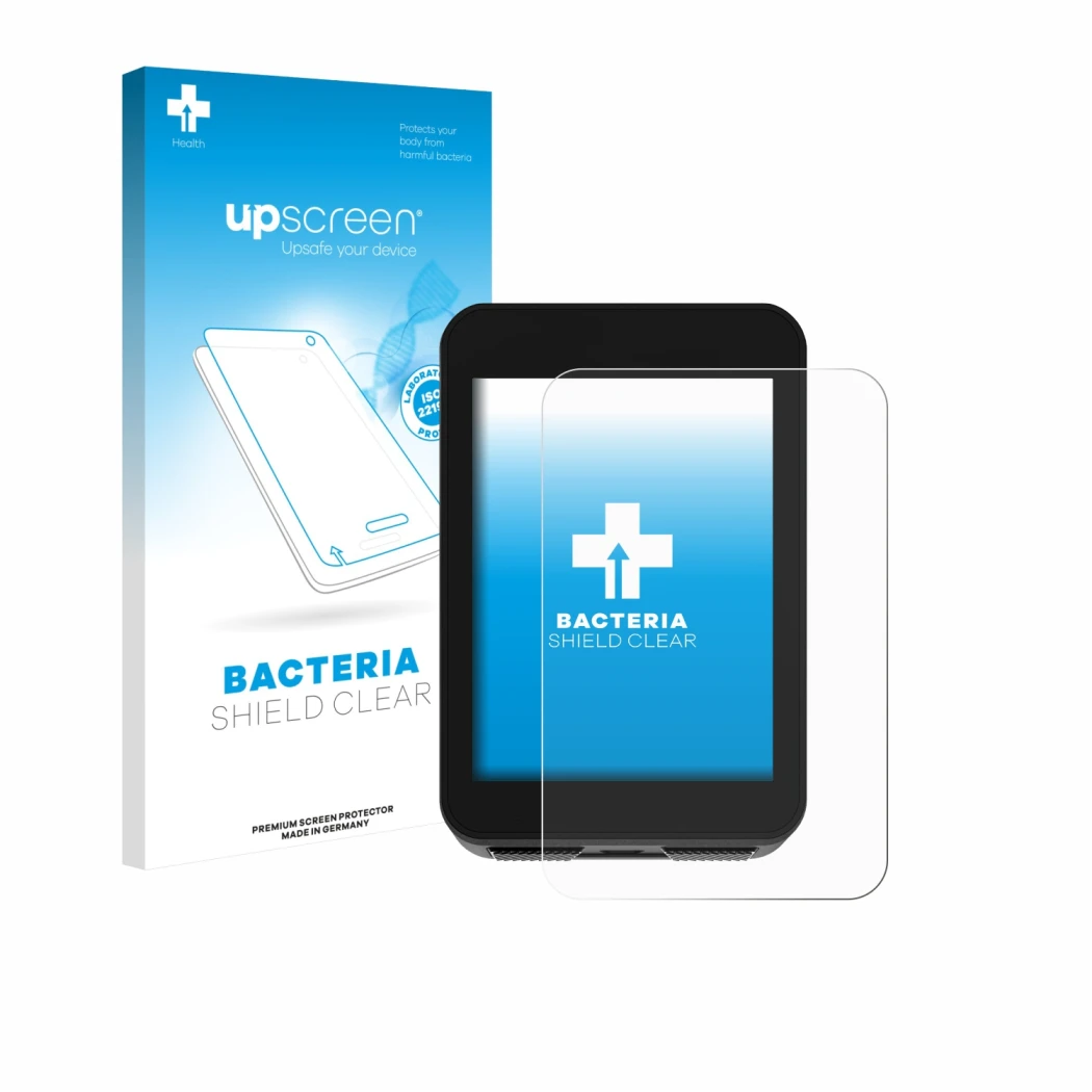 Parte frontale di una confezione del prodotto con il logo del marchio upscreen. Accanto è raffigurato il dispositivo Bikevee B