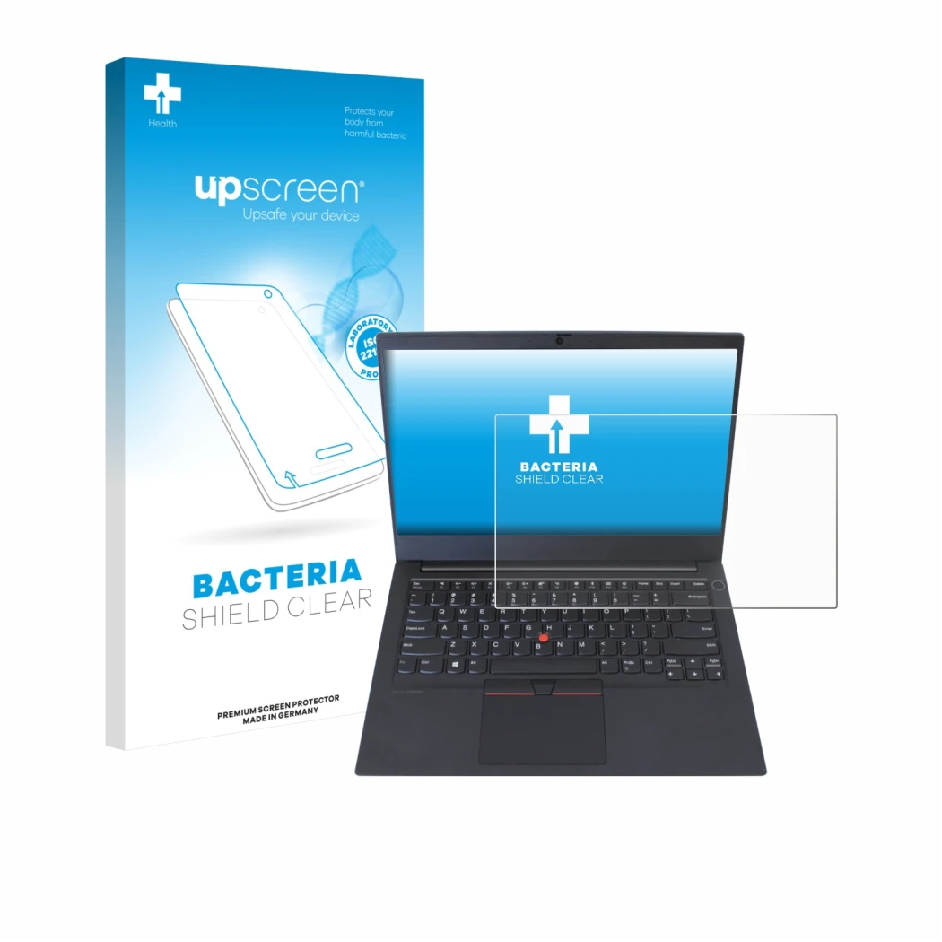 Parte frontale di una confezione del prodotto con il logo del marchio upscreen. Accanto è raffigurato il dispositivo Lenovo Th