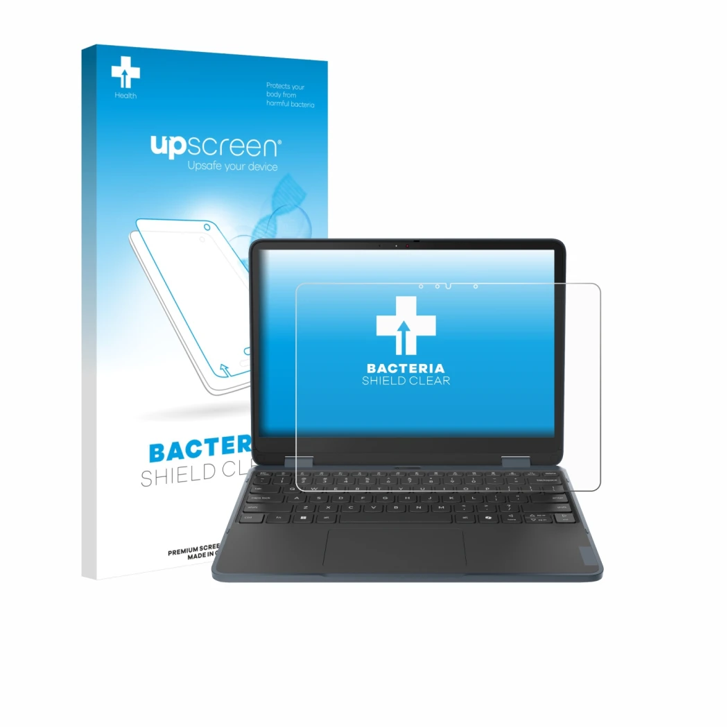 Parte frontale di una confezione del prodotto con il logo del marchio upscreen. Accanto è raffigurato il dispositivo Lenovo 50