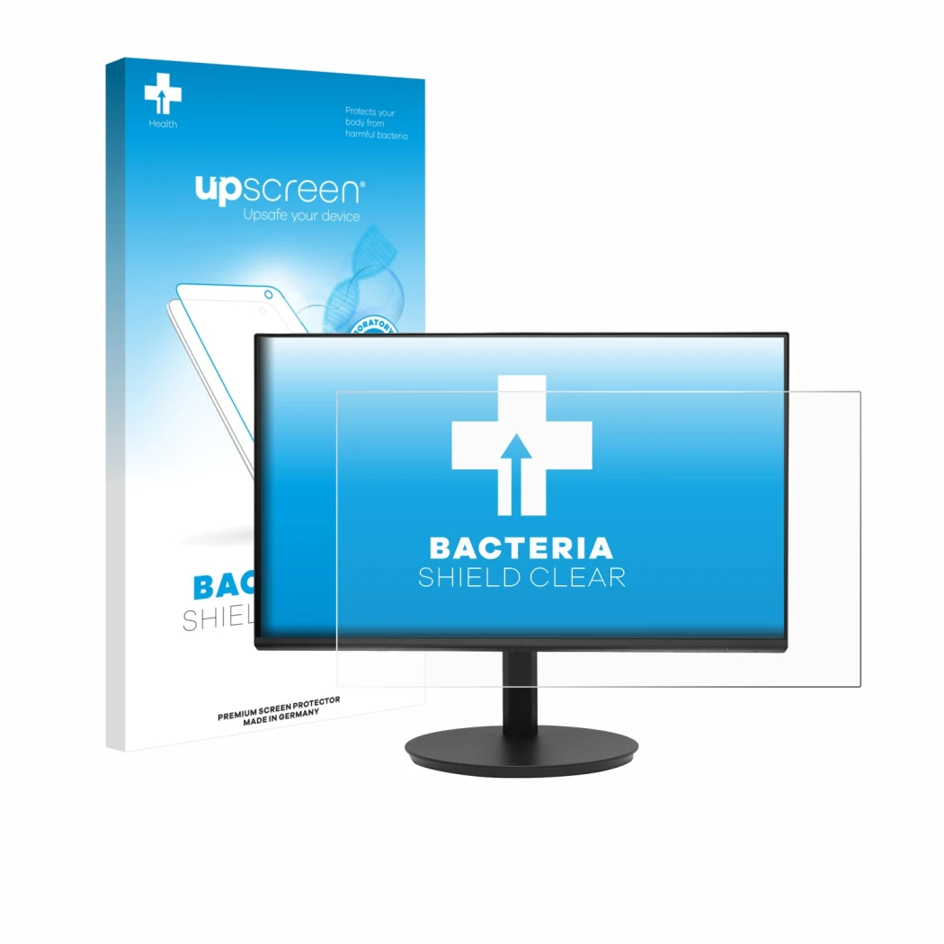 Parte frontale di una confezione del prodotto con il logo del marchio upscreen. Accanto è raffigurato il dispositivo Dell CB24