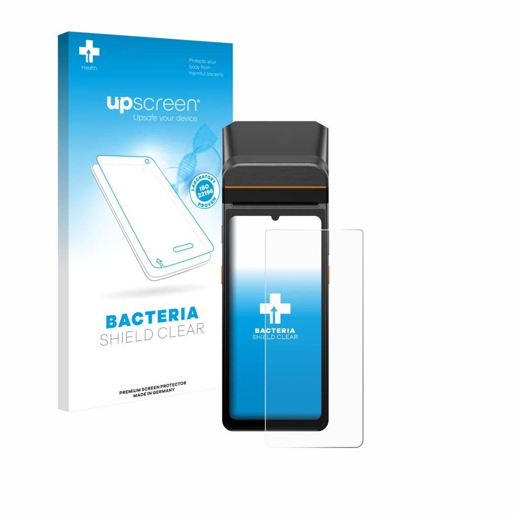 Parte frontale di una confezione del prodotto con il logo del marchio upscreen. Accanto è raffigurato il dispositivo Sunmi V3 