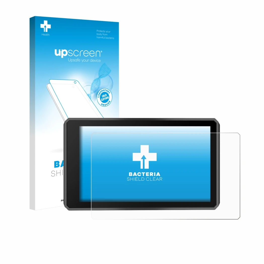 Parte frontale di una confezione del prodotto con il logo del marchio upscreen. Accanto è raffigurato il dispositivo Garmin zu