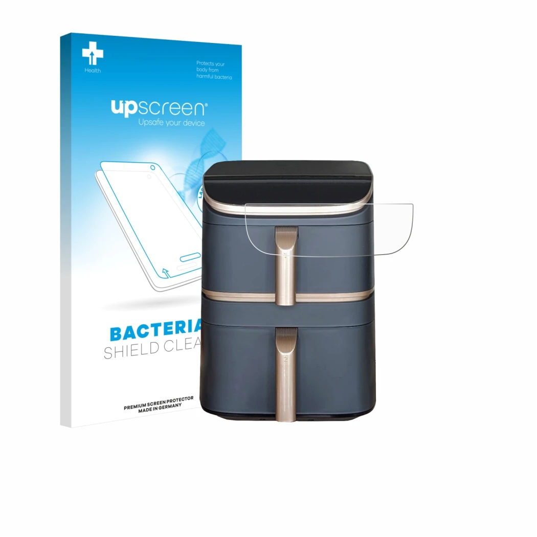 Parte frontale di una confezione del prodotto con il logo del marchio upscreen. Accanto è raffigurato il dispositivo Cosori Tu