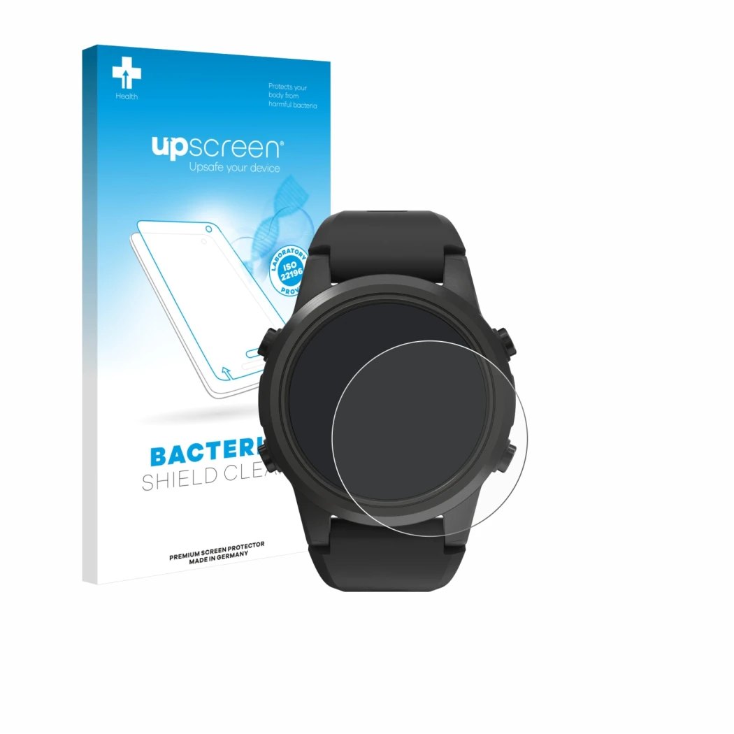 Parte frontale di una confezione del prodotto con il logo del marchio upscreen. Accanto è raffigurato il dispositivo Shearwate