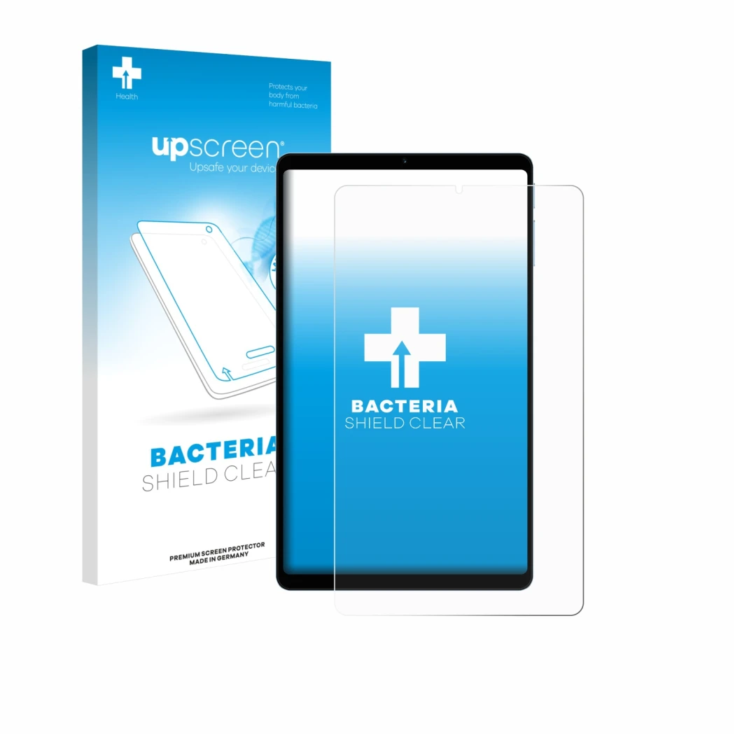 Parte frontale di una confezione del prodotto con il logo del marchio upscreen. Accanto è raffigurato il dispositivo Teclast T