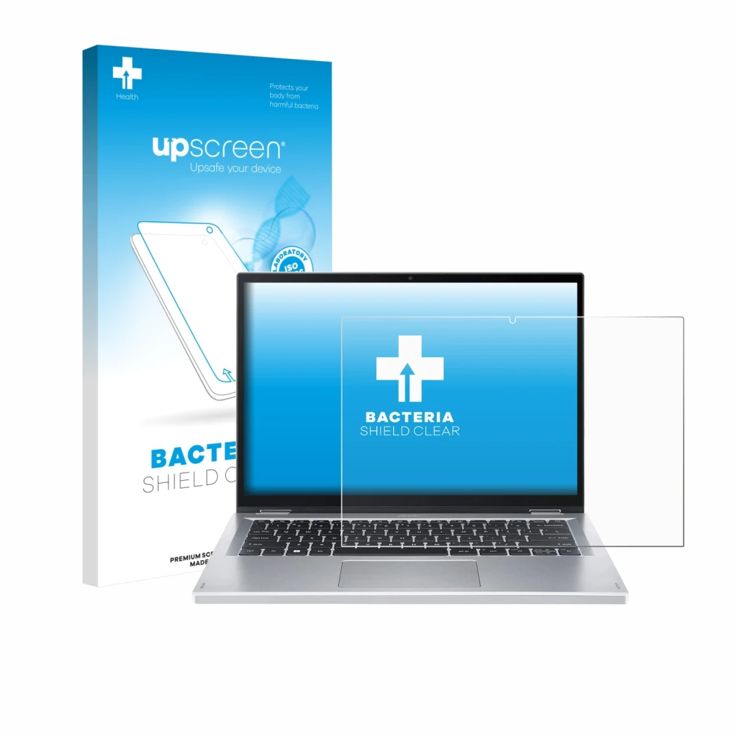 Parte frontale di una confezione del prodotto con il logo del marchio upscreen. Accanto è raffigurato il dispositivo Acer Aspi