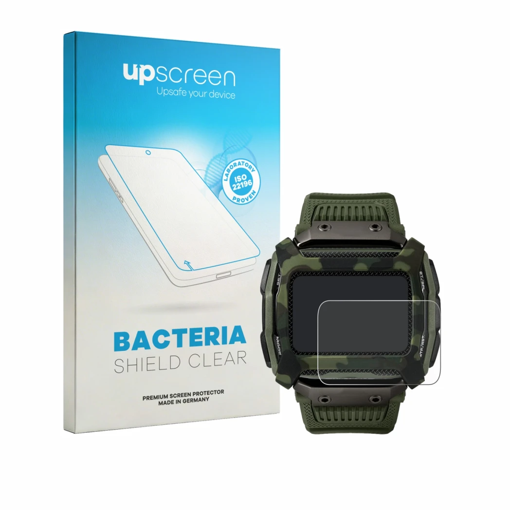 Parte frontale di una confezione del prodotto con il logo del marchio upscreen. Accanto è raffigurato il dispositivo Timex Com