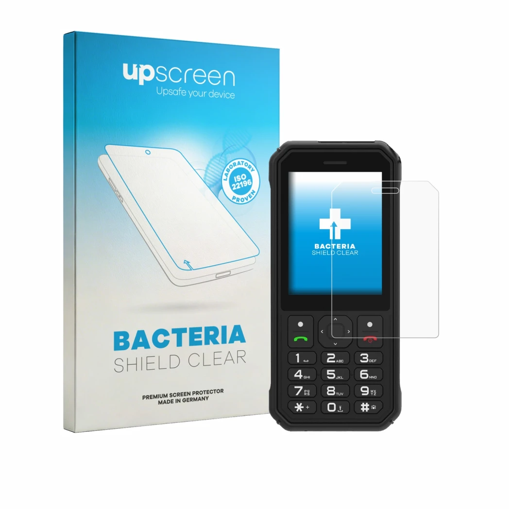 Parte frontale di una confezione del prodotto con il logo del marchio upscreen. Accanto è raffigurato il dispositivo AGM M11 c