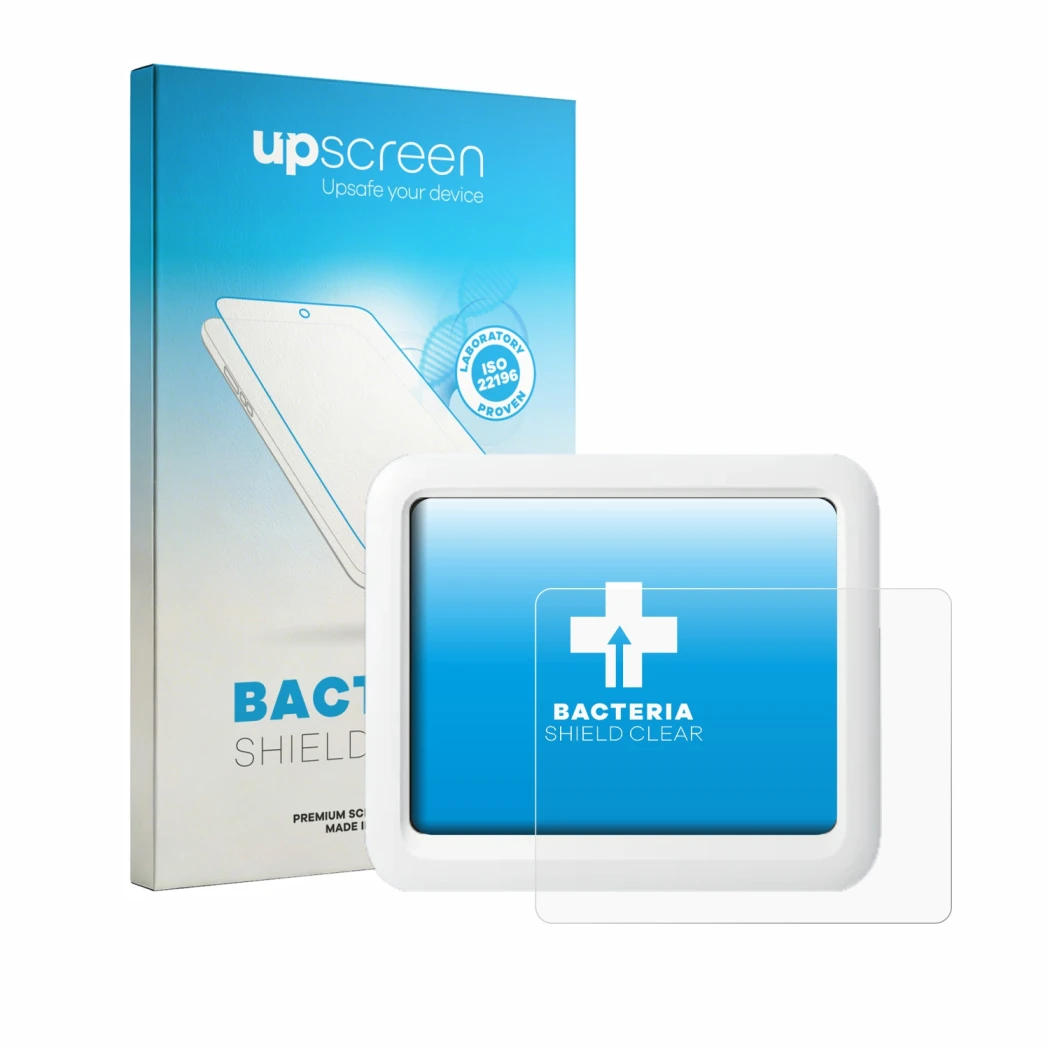 Parte frontale di una confezione del prodotto con il logo del marchio upscreen. Accanto è raffigurato il dispositivo SwitchBot
