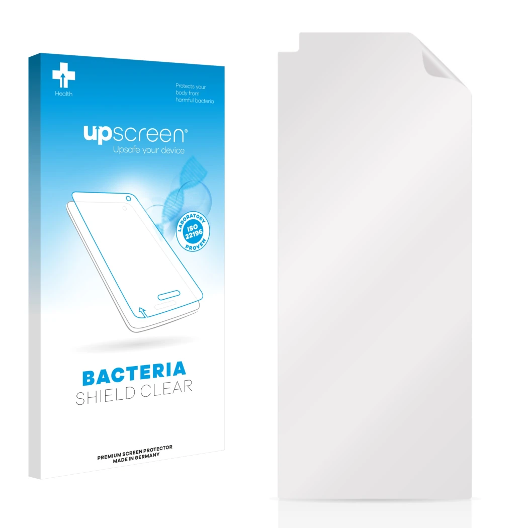 Parte frontale di una confezione del prodotto con il logo del marchio upscreen. Accanto si trova la protezione per lo schermo 