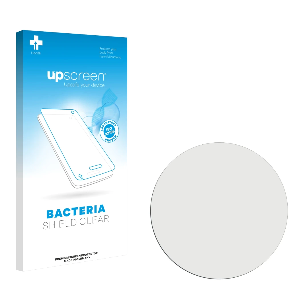 Parte frontale di una confezione del prodotto con il logo del marchio upscreen. Accanto si trova la protezione per lo schermo