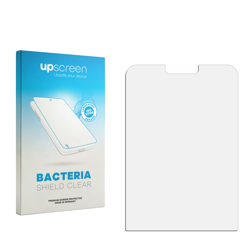 Parte frontale di una confezione del prodotto con il logo del marchio upscreen. Accanto si trova la protezione per lo schermo