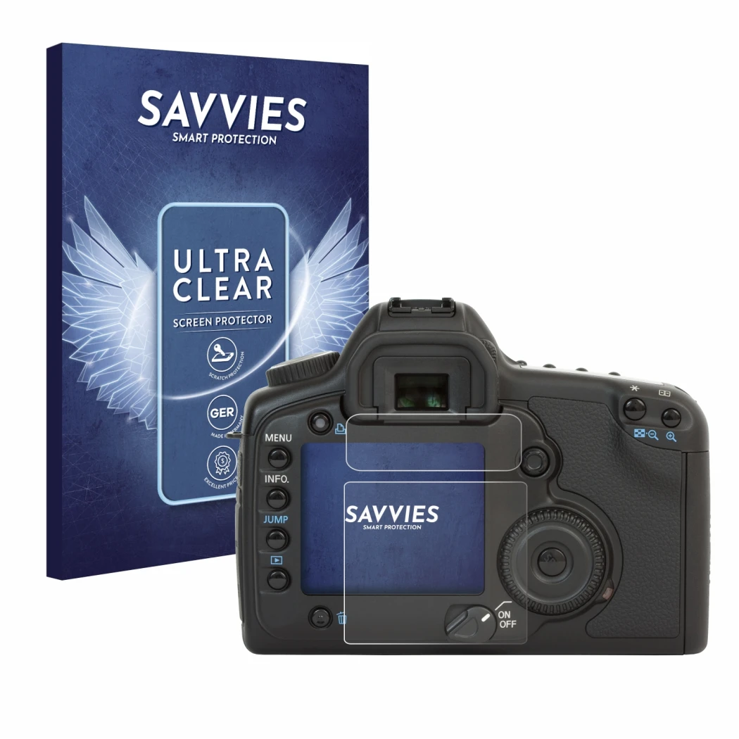 Parte frontale di una confezione del prodotto con il logo del marchio Savvies. Accanto è raffigurato il dispositivo Canon EOS 