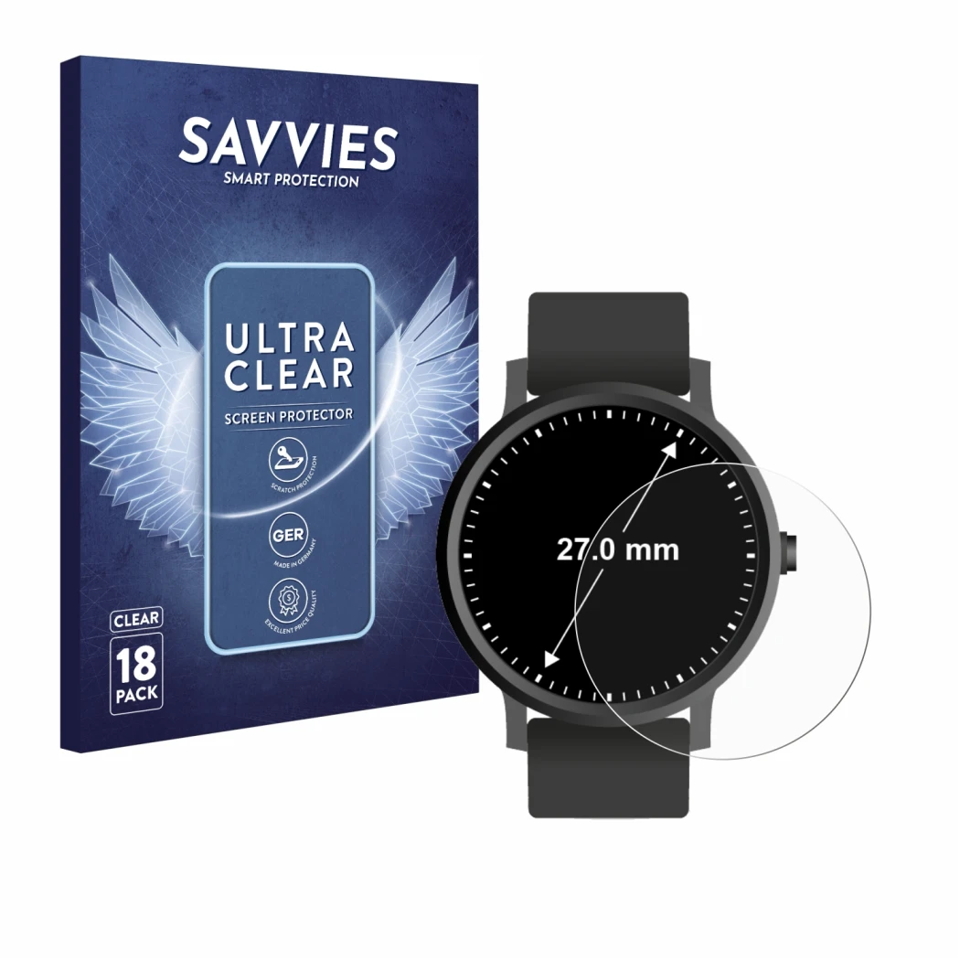Parte frontale di una confezione del prodotto con il logo del marchio Savvies. Accanto è raffigurato il dispositivo Orologi (C