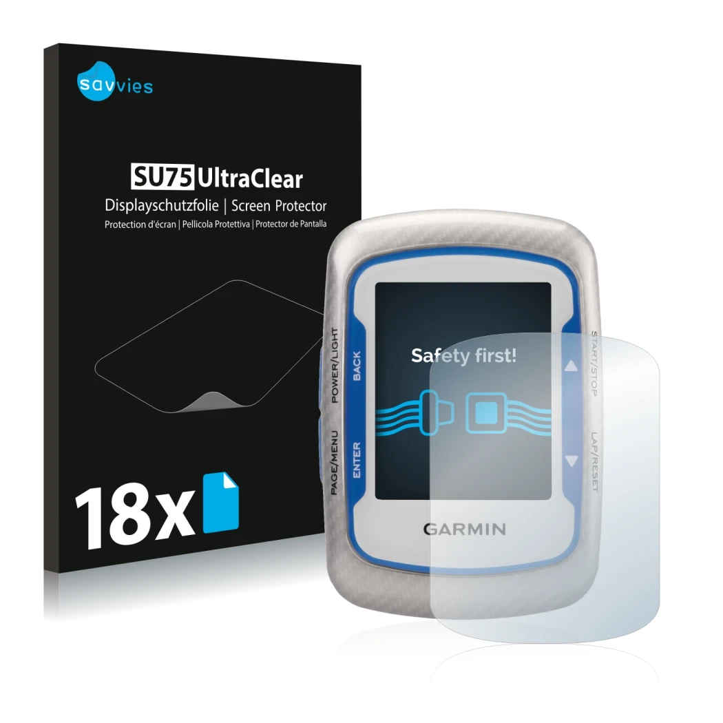 Parte frontale di una confezione del prodotto con il logo del marchio Savvies. Accanto è raffigurato il dispositivo Garmin Edg
