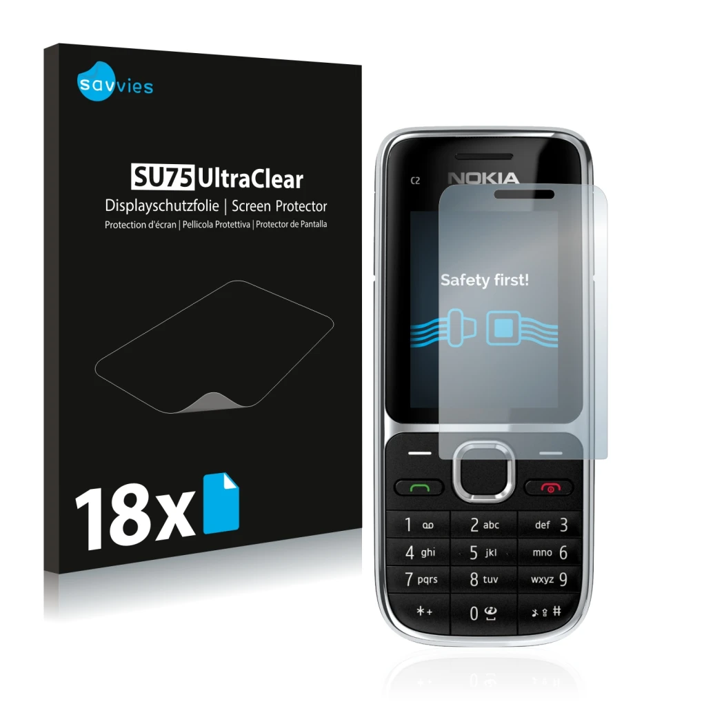 Parte frontale di una confezione del prodotto con il logo del marchio Savvies. Accanto è raffigurato il dispositivo Nokia C2-0