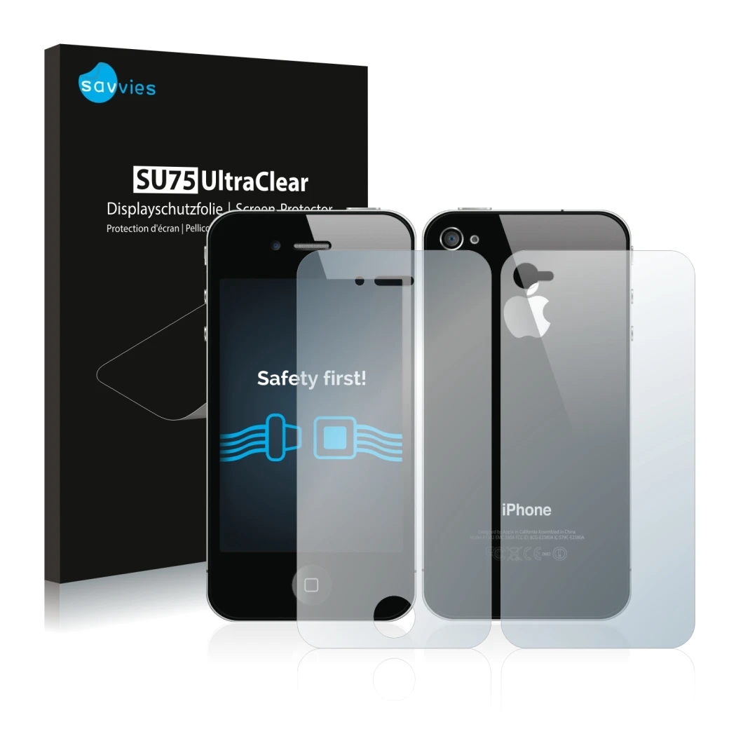 Parte frontale di una confezione del prodotto con il logo del marchio Savvies. Accanto è raffigurato il dispositivo Apple iPho