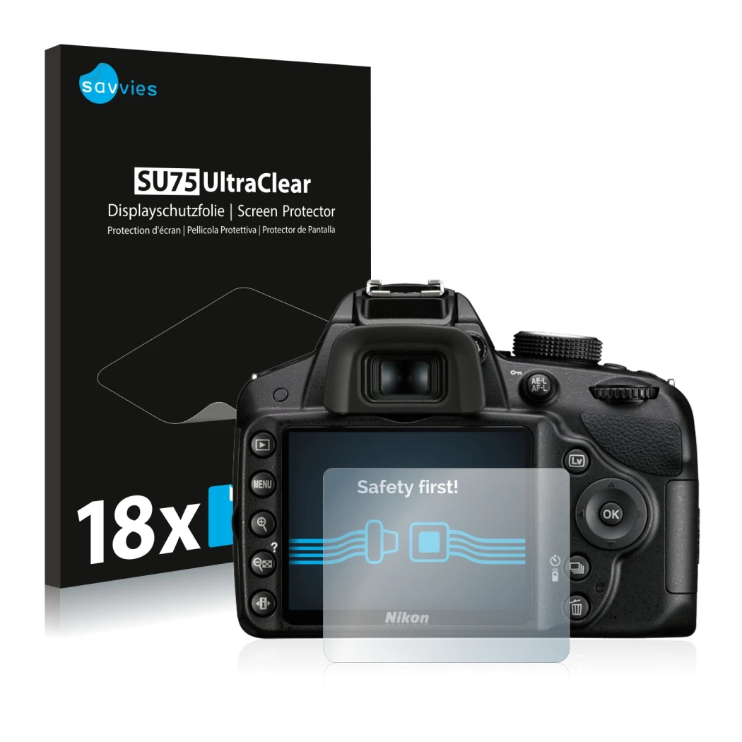 Parte frontale di una confezione del prodotto con il logo del marchio Savvies. Accanto è raffigurato il dispositivo Nikon D320