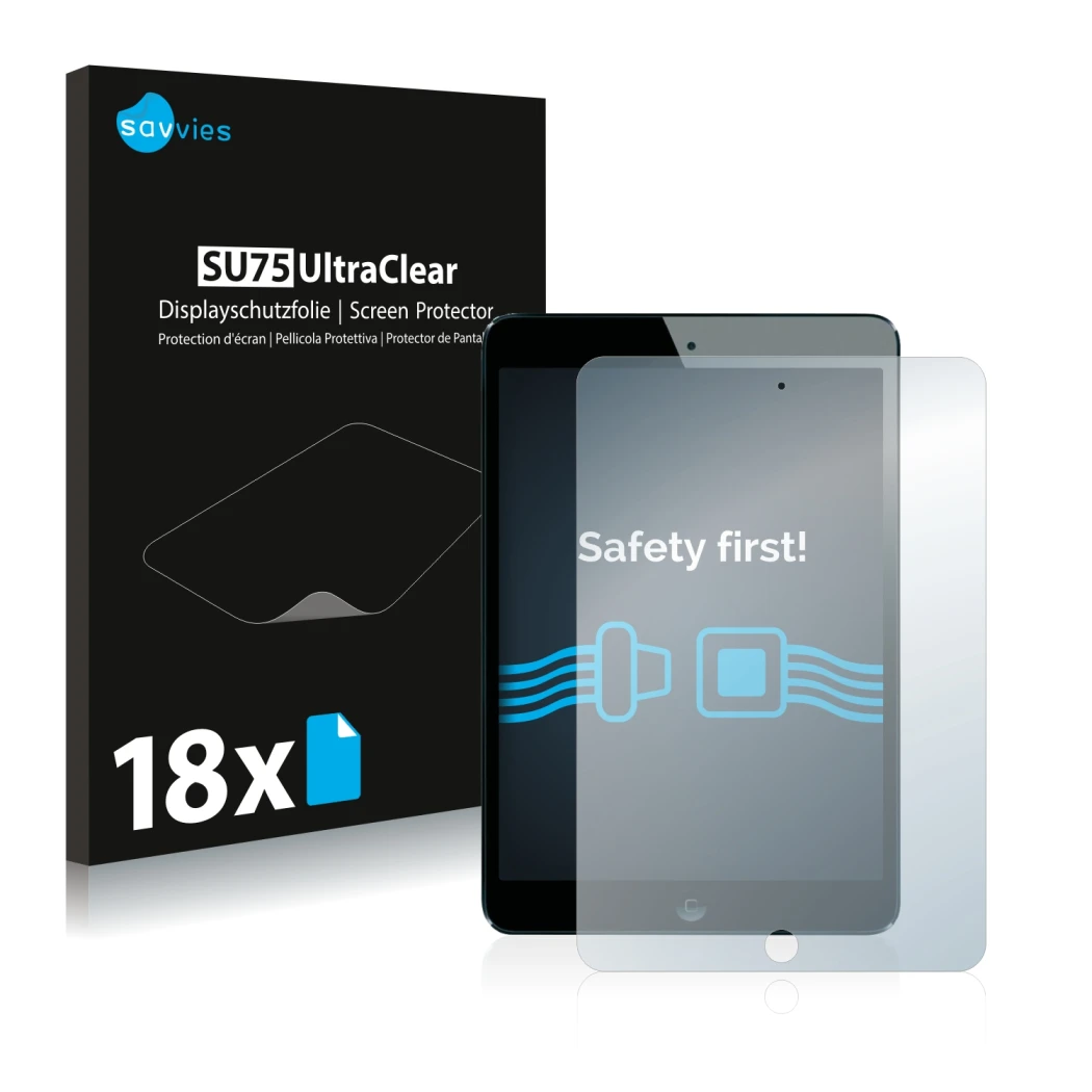 Parte frontale di una confezione del prodotto con il logo del marchio Savvies. Accanto è raffigurato il dispositivo Apple iPad