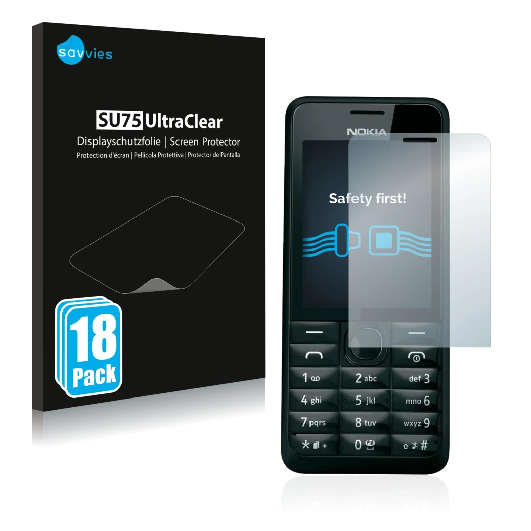 Parte frontale di una confezione del prodotto con il logo del marchio Savvies. Accanto è raffigurato il dispositivo Nokia 301 