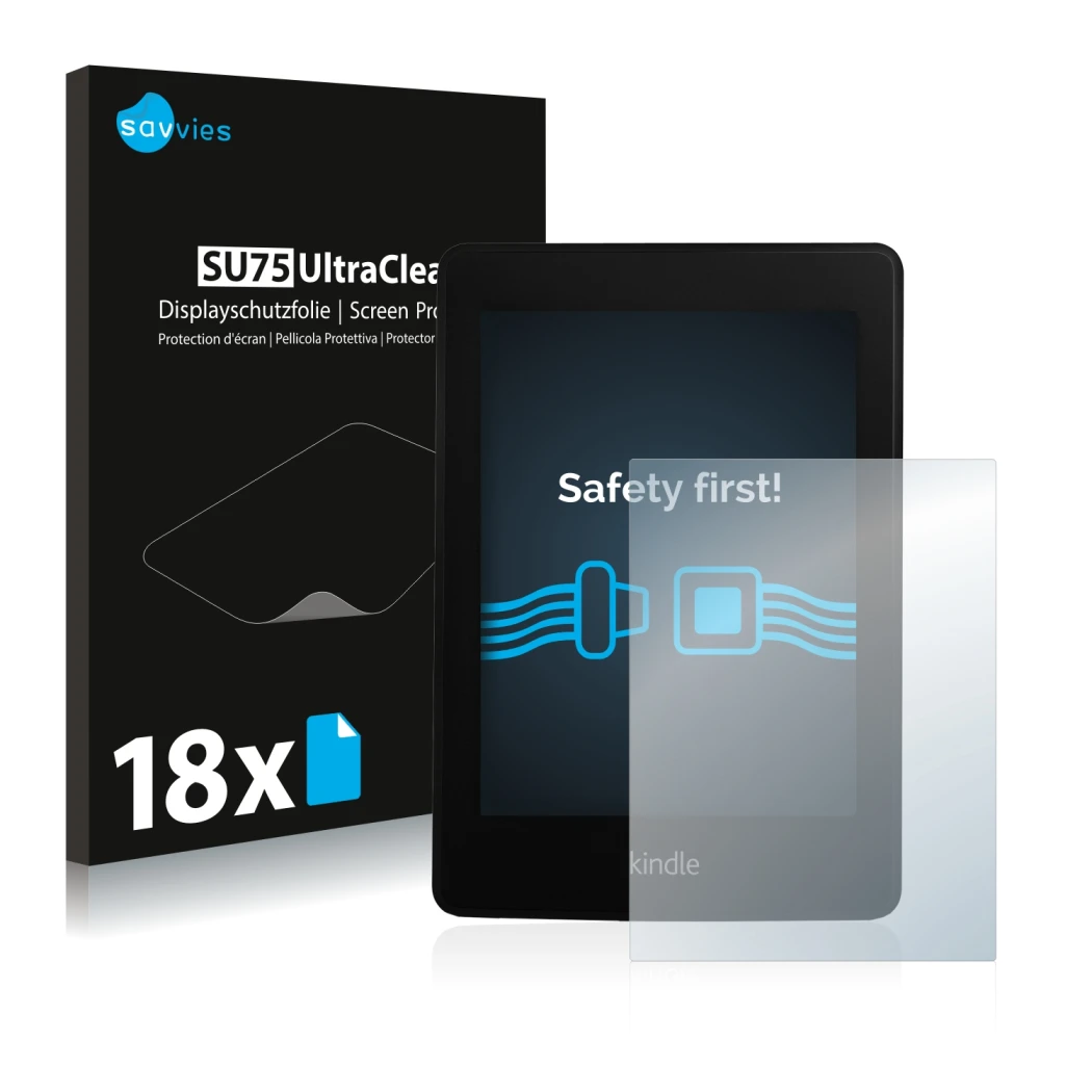 Parte frontale di una confezione del prodotto con il logo del marchio Savvies. Accanto è raffigurato il dispositivo Amazon Kin