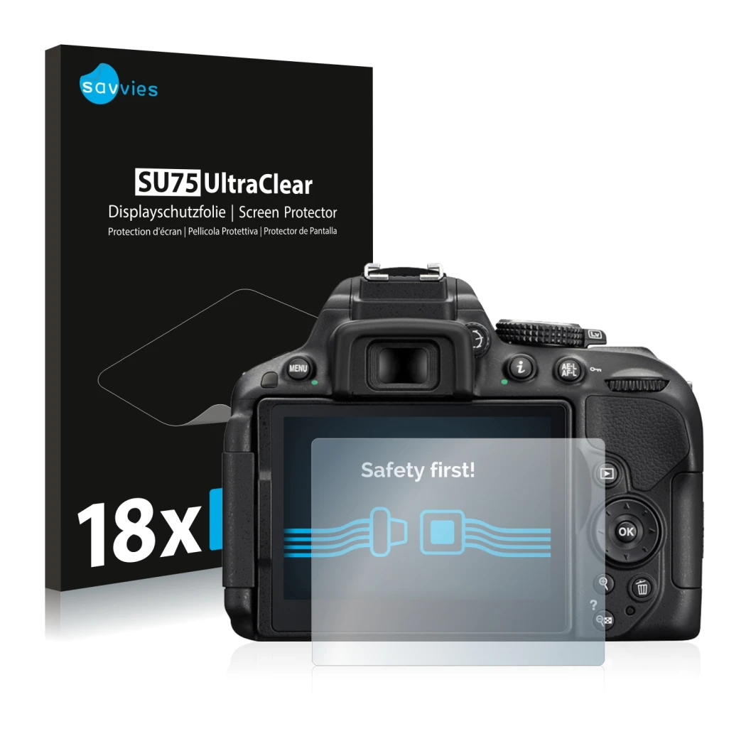 Parte frontale di una confezione del prodotto con il logo del marchio Savvies. Accanto è raffigurato il dispositivo Nikon D530