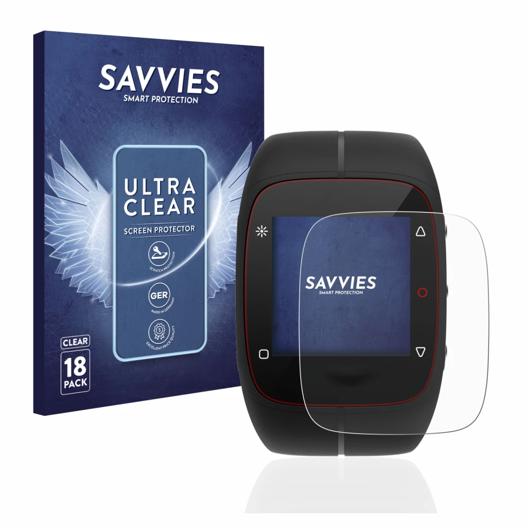 Parte frontale di una confezione del prodotto con il logo del marchio Savvies. Accanto è raffigurato il dispositivo Polar M400