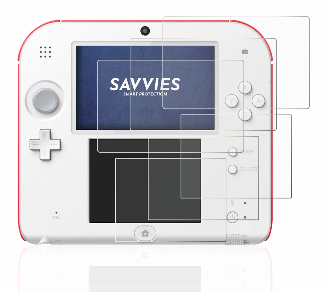 Immagine del dispositivo Nintendo 2DS con un'ampia varietà di protezioni per lo schermo.