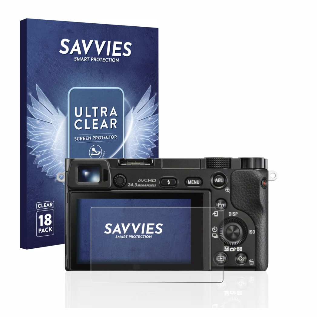 Parte frontale di una confezione del prodotto con il logo del marchio Savvies. Accanto è raffigurato il dispositivo Sony Alpha
