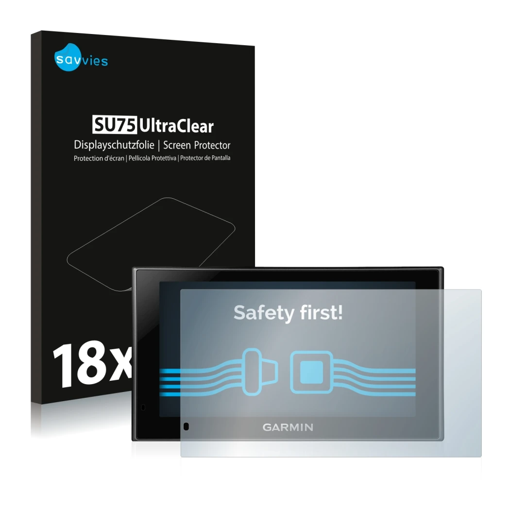 Parte frontale di una confezione del prodotto con il logo del marchio Savvies. Accanto è raffigurato il dispositivo Garmin nüv