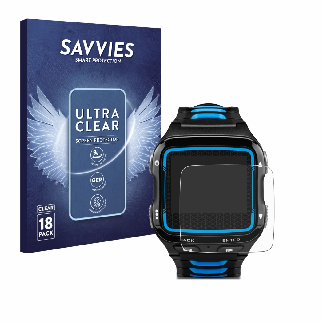 Parte frontale di una confezione del prodotto con il logo del marchio Savvies. Accanto è raffigurato il dispositivo Garmin For