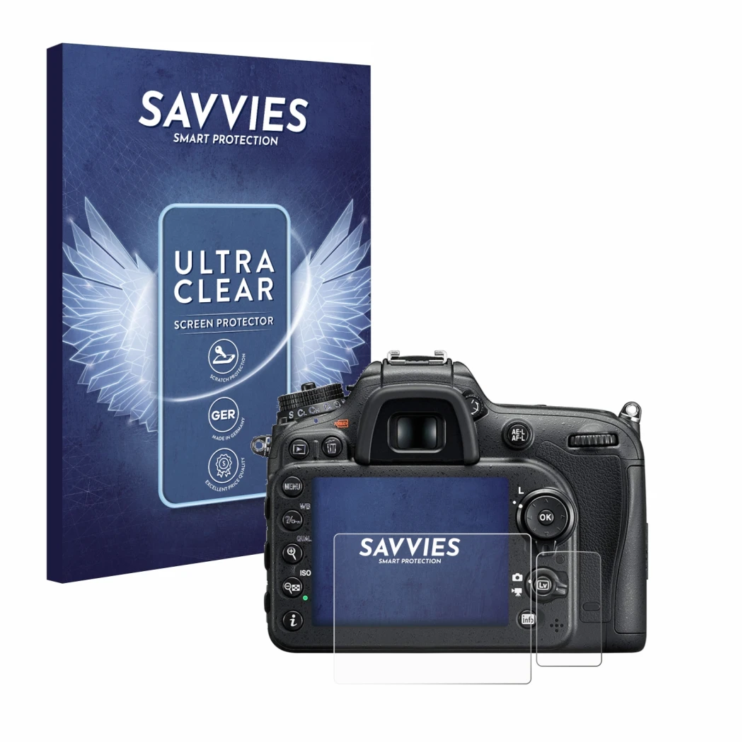 Parte frontale di una confezione del prodotto con il logo del marchio Savvies. Accanto è raffigurato il dispositivo Nikon D720
