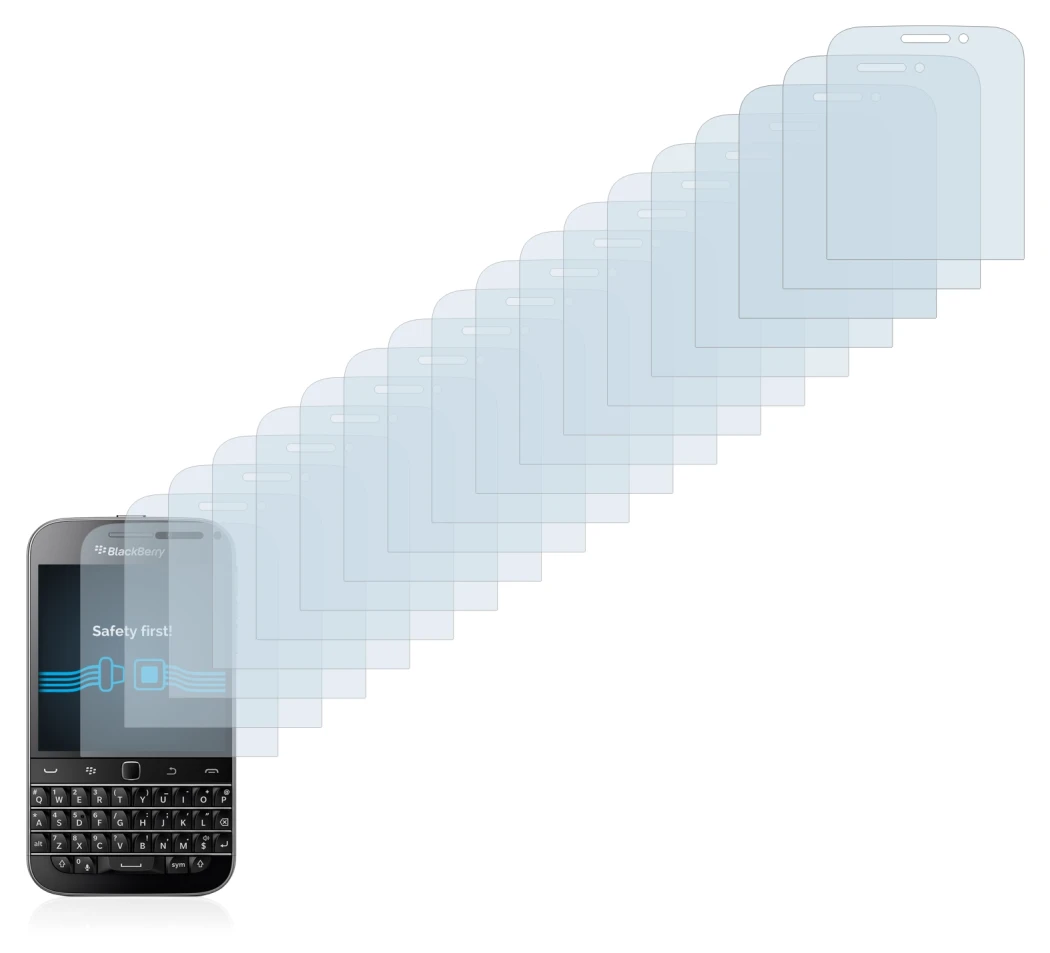 Immagine del dispositivo Blackberry Classic Q20 con un'ampia varietà di protezioni per lo schermo.