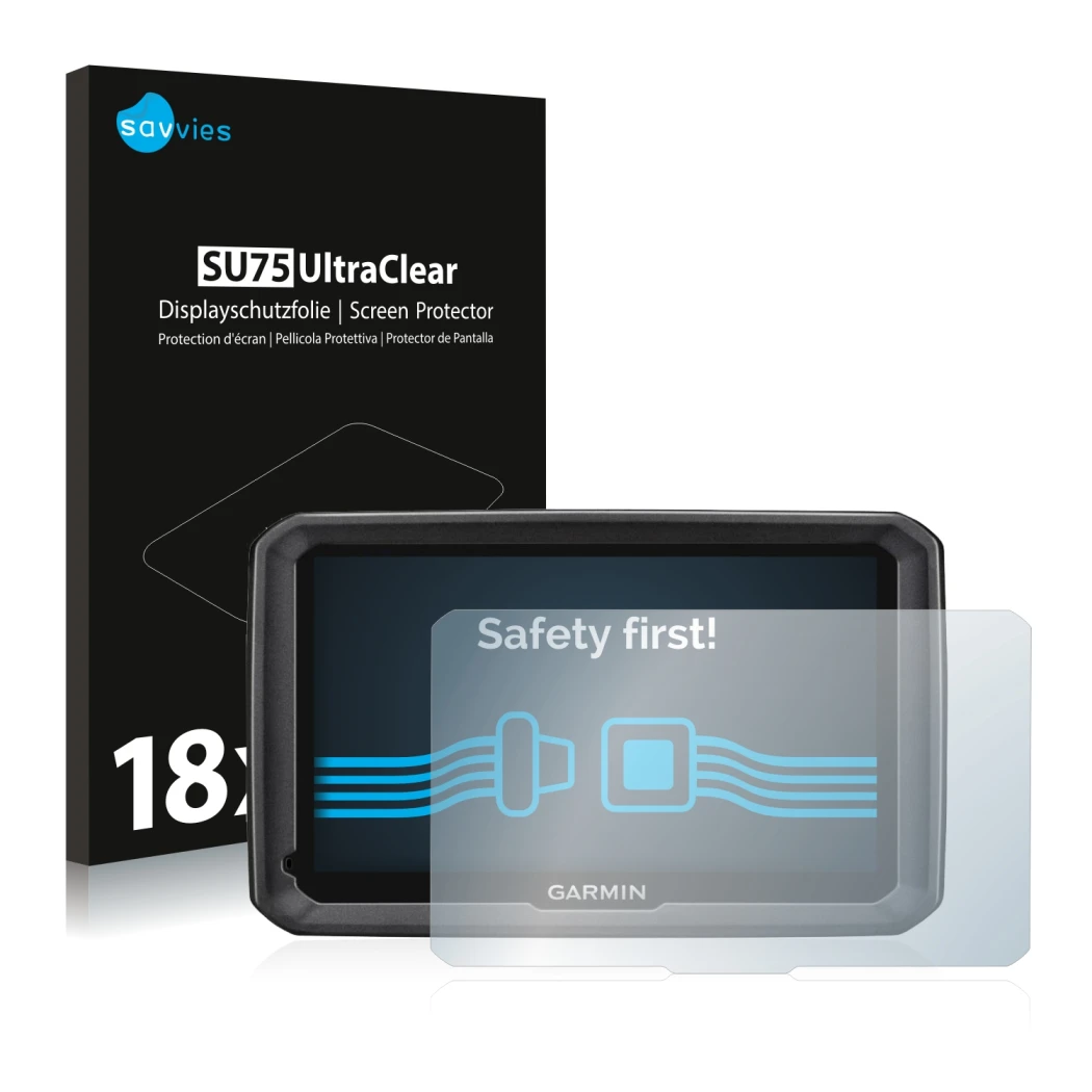 Parte frontale di una confezione del prodotto con il logo del marchio Savvies. Accanto è raffigurato il dispositivo Garmin dez