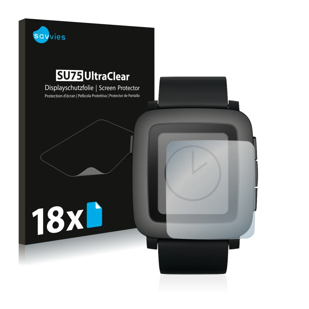 Parte frontale di una confezione del prodotto con il logo del marchio Savvies. Accanto è raffigurato il dispositivo Pebble Tim