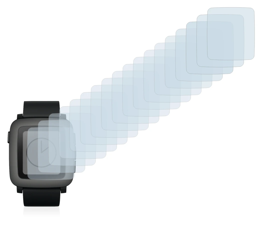 Immagine del dispositivo Pebble Time con un'ampia varietà di protezioni per lo schermo.