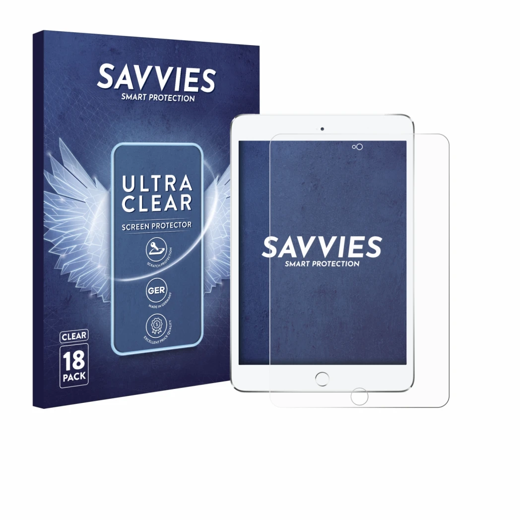 Parte frontale di una confezione del prodotto con il logo del marchio Savvies. Accanto è raffigurato il dispositivo Apple iPad