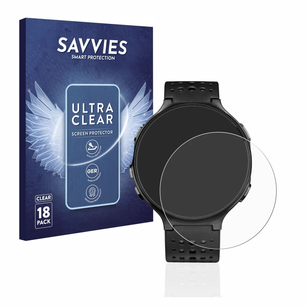 Parte frontale di una confezione del prodotto con il logo del marchio Savvies. Accanto è raffigurato il dispositivo Garmin For