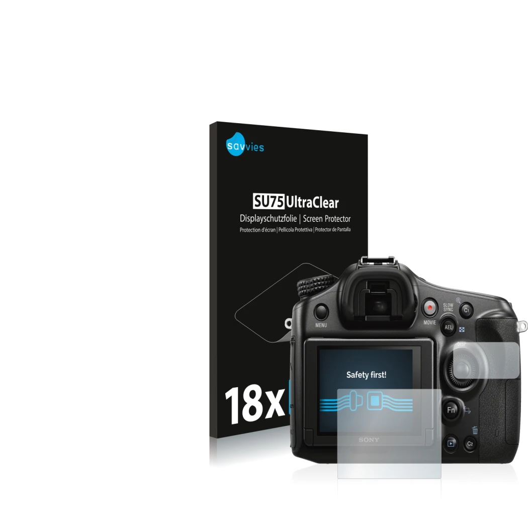 Parte frontale di una confezione del prodotto con il logo del marchio Savvies. Accanto è raffigurato il dispositivo Sony Alpha