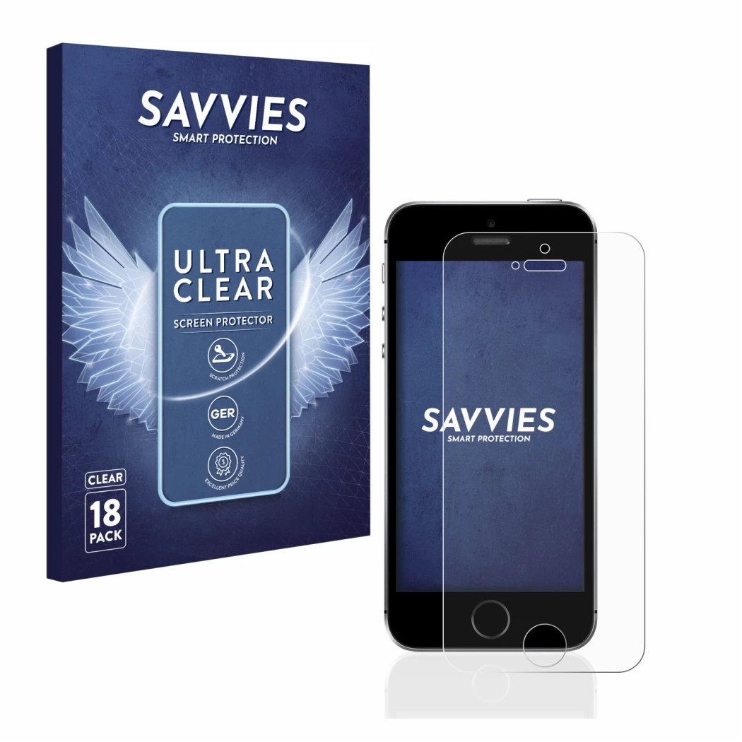 Parte frontale di una confezione del prodotto con il logo del marchio Savvies. Accanto è raffigurato il dispositivo Apple iPho