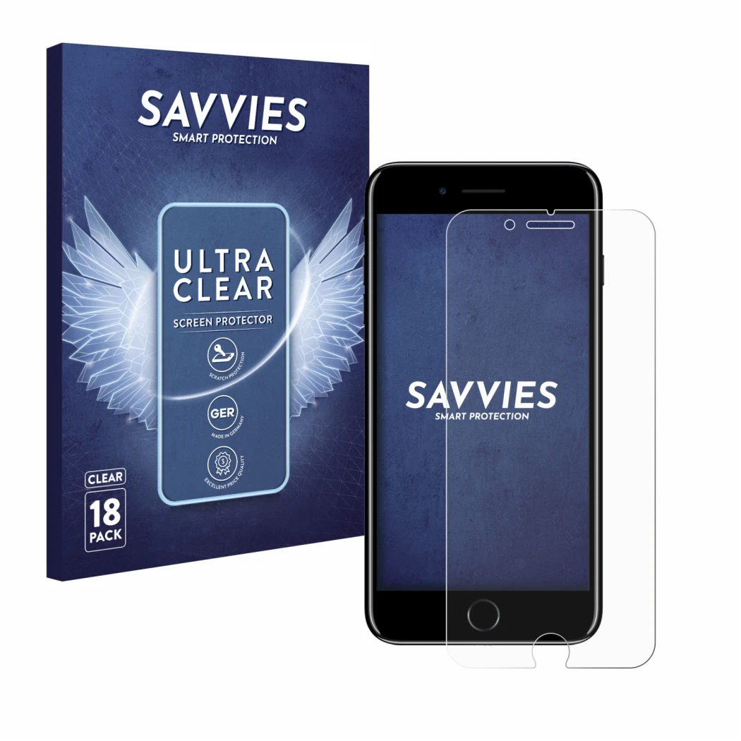 Parte frontale di una confezione del prodotto con il logo del marchio Savvies. Accanto è raffigurato il dispositivo Apple iPho