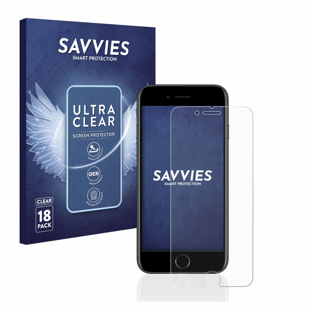 Parte frontale di una confezione del prodotto con il logo del marchio Savvies. Accanto è raffigurato il dispositivo Apple iPho
