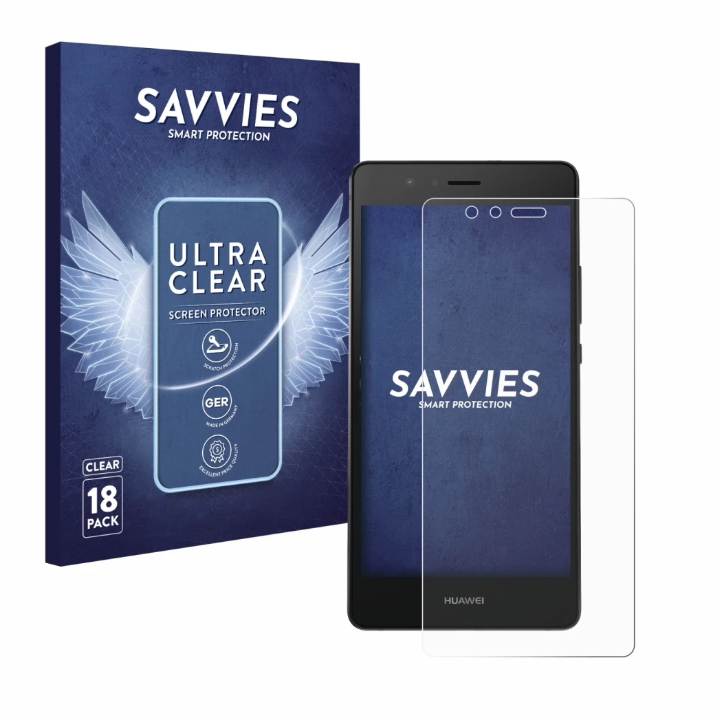 Parte frontale di una confezione del prodotto con il logo del marchio Savvies. Accanto è raffigurato il dispositivo Huawei P9 