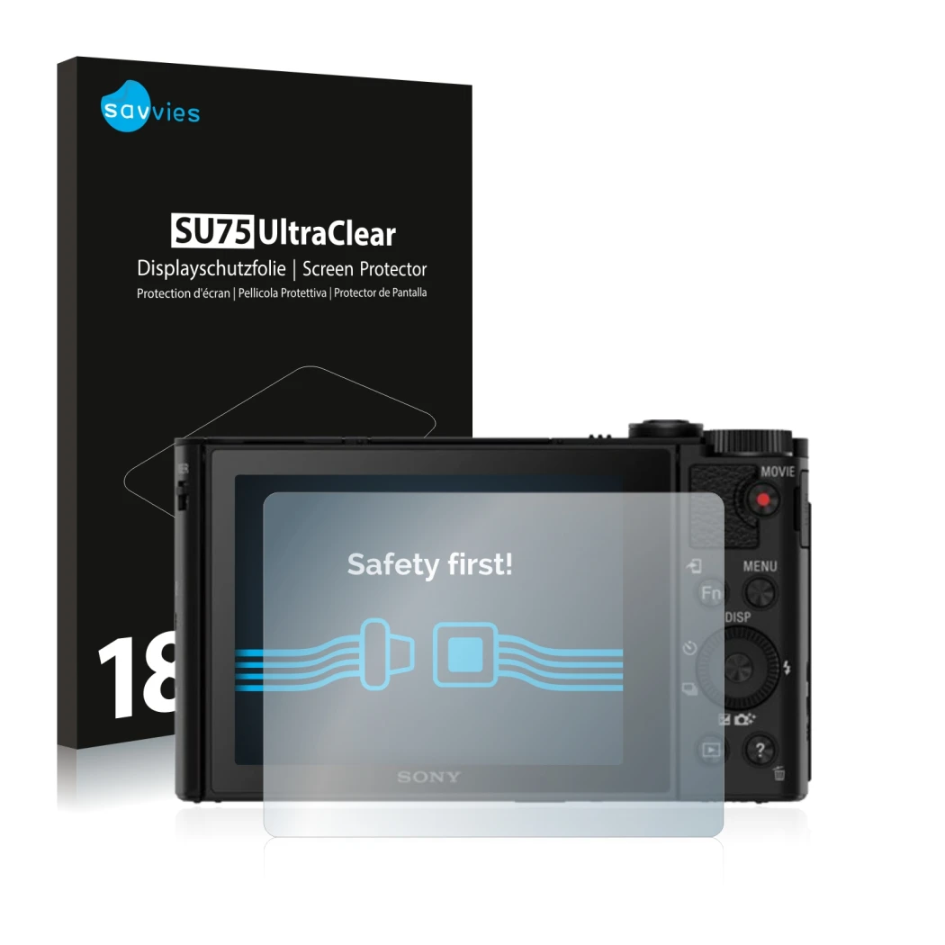 Parte frontale di una confezione del prodotto con il logo del marchio Savvies. Accanto è raffigurato il dispositivo Sony Cyber