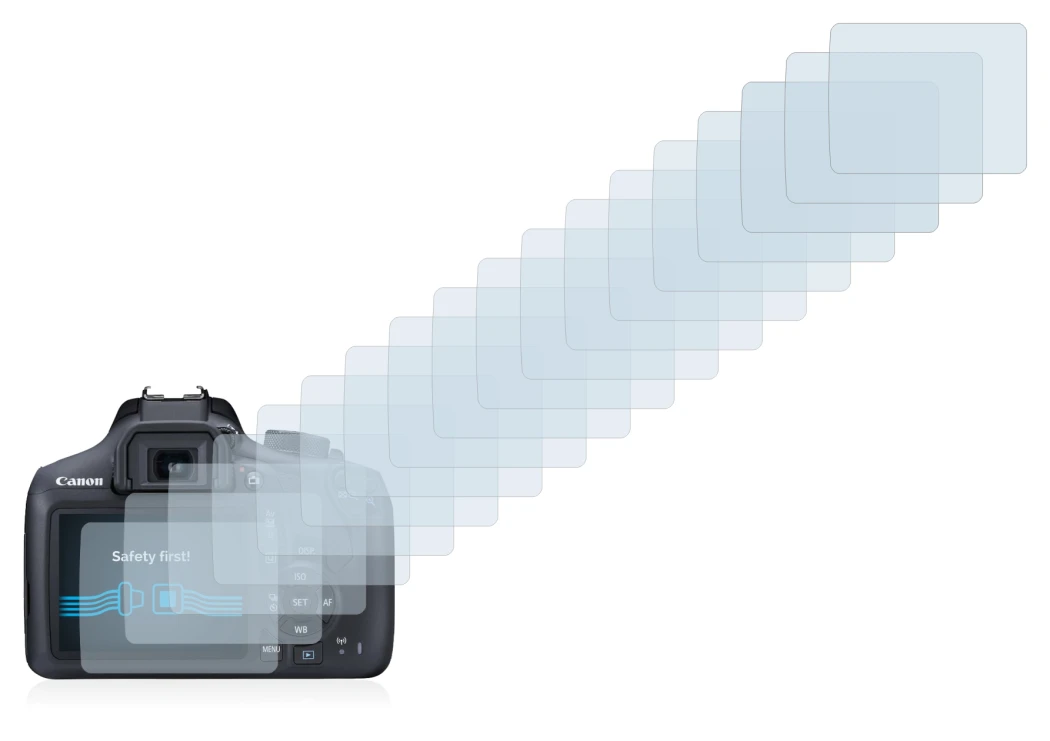 Immagine del dispositivo Canon EOS 1300D con un'ampia varietà di protezioni per lo schermo.
