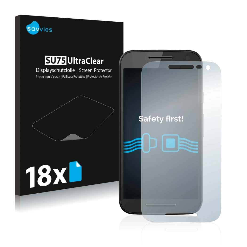 Parte frontale di una confezione del prodotto con il logo del marchio Savvies. Accanto è raffigurato il dispositivo Motorola M