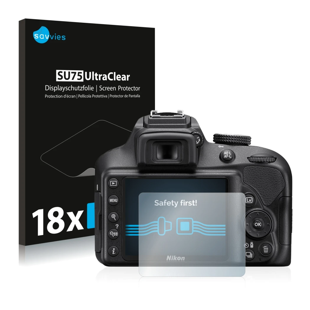 Parte frontale di una confezione del prodotto con il logo del marchio Savvies. Accanto è raffigurato il dispositivo Nikon D340