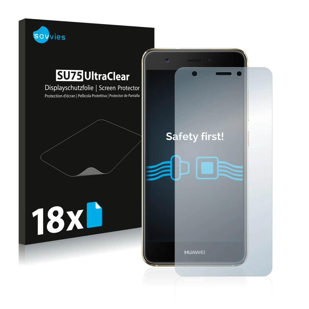 Parte frontale di una confezione del prodotto con il logo del marchio Savvies. Accanto è raffigurato il dispositivo Huawei Nov