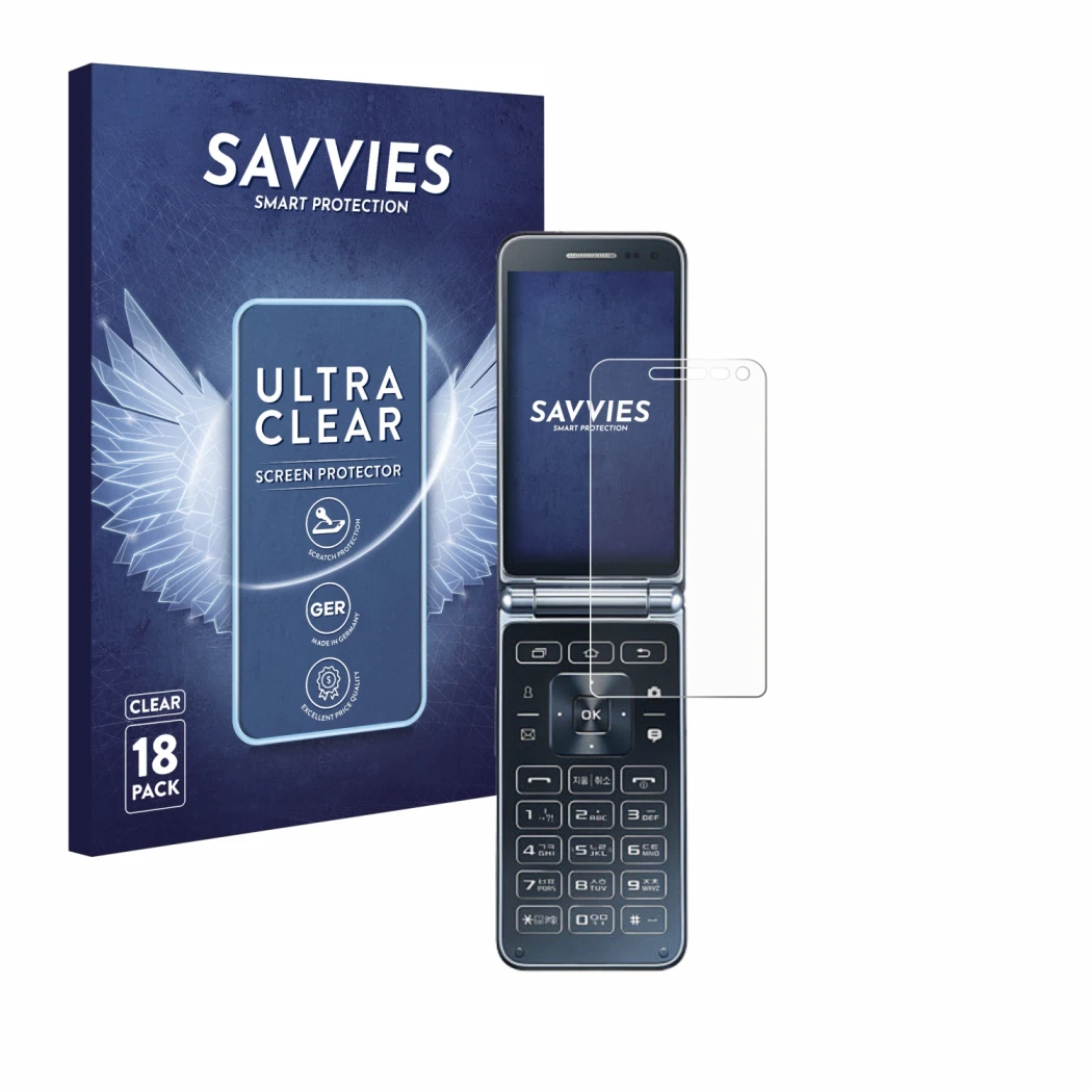 Parte frontale di una confezione del prodotto con il logo del marchio Savvies. Accanto è raffigurato il dispositivo Samsung Ga
